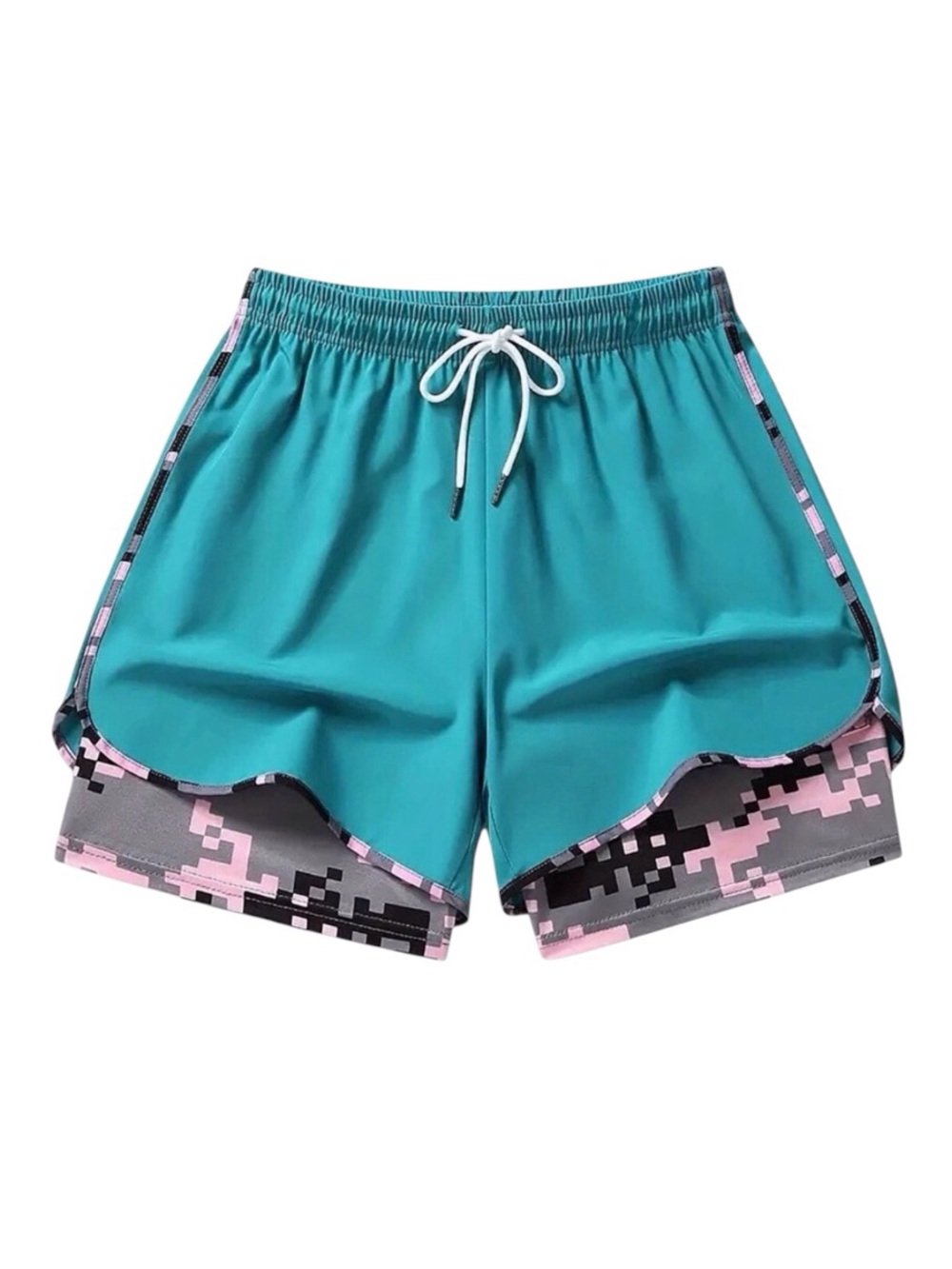 Women’s Athletic 2-in-1 Shorts Teal/Pink/Gray Pixelated Liner Size-L NIB